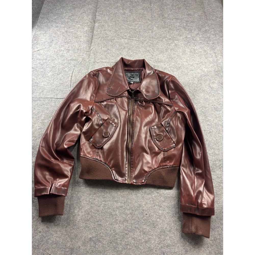 VTG Beverly Hills Polo Club Women L SEE Faux Leather Bomber Jacket 90s Biker Y2K